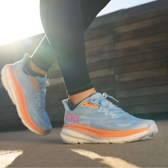 Hoka Shoes - Hoka clifton 9 Women's Sky Blue and Coral Athletic Shoes